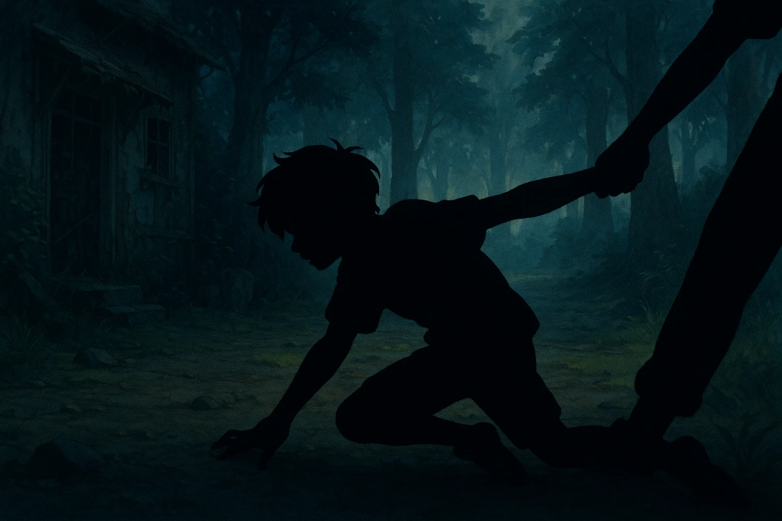 a silhouette of a person being dragged away, ghibli style, moody lighting emoji