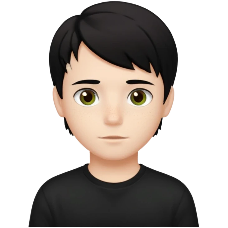 A beautiful boy with black hair and hazel green and brown eyes and white skin , with dark freckles and black t shirt with middle part hair hair with a center part haircut  emoji