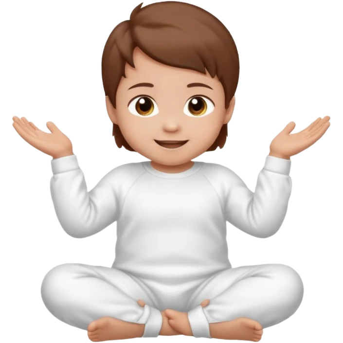 A smiling baby with brown hair, sitting down, moving its arms and hands. emoji