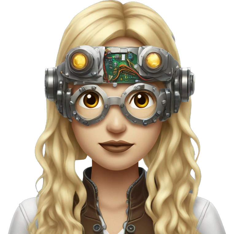 Brown long hair with blonde steaks female cyborg head, fair skin, steampunk goggles and circuits emoji