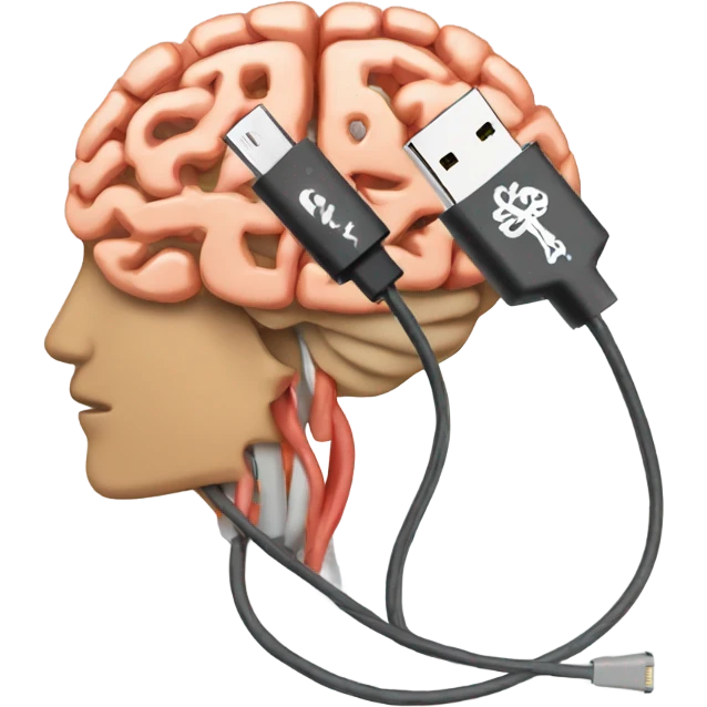 USB cable connected to human brain emoji