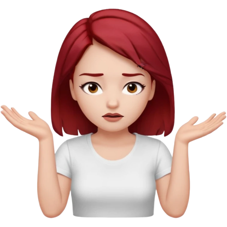 younger woman shrugging, eyes closed, white t-shirt, dark red hair, black eyebrows emoji