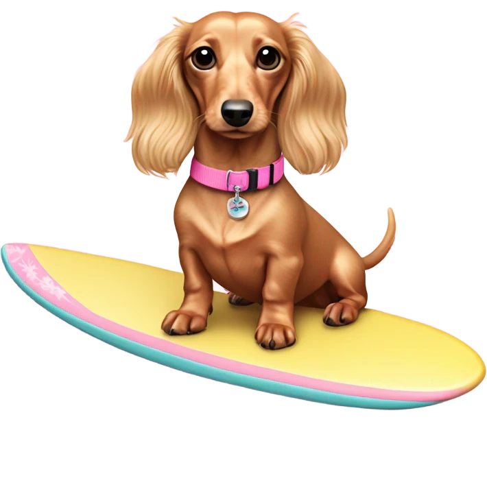 Long haired miniature dachshund cream colour with pink collar  on surfboard emoji