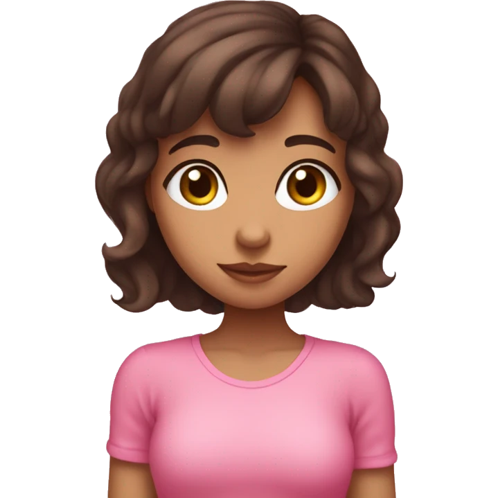 short-medium brunette girl making hearts with her hand and pink hearts around her and has heart eyes pink  emoji