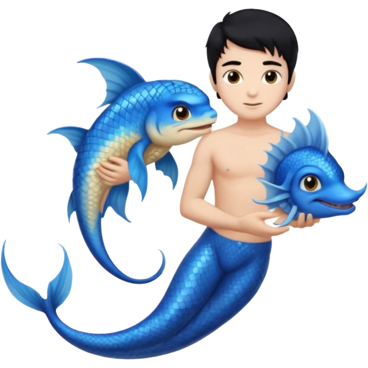 boy, black hair, brown eyes, white skin, Triton, with Triton in hand, blue Triton tail and blue triton ears emoji
