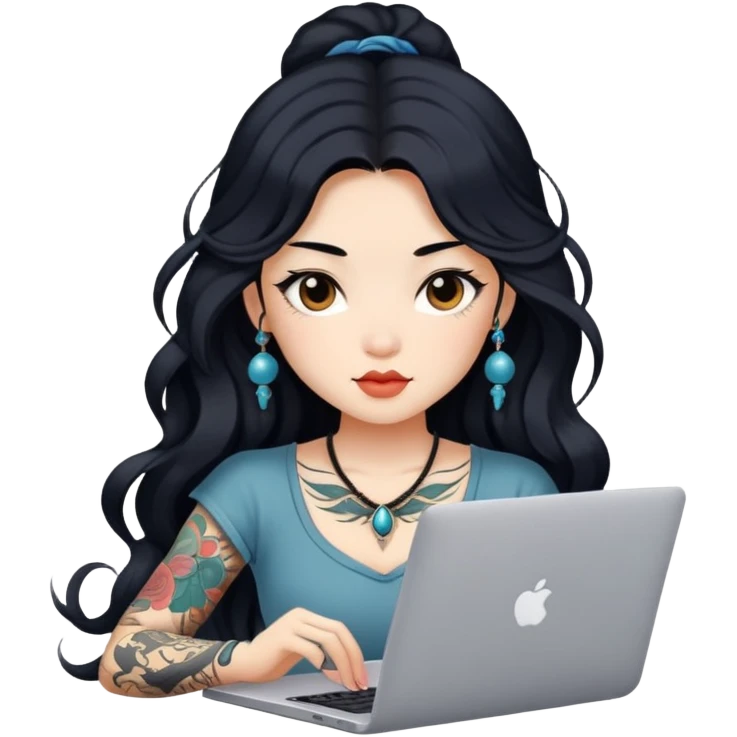 beautiful girl, with tattoos, with long black hair, wavy hair, chinese, with laptop emoji