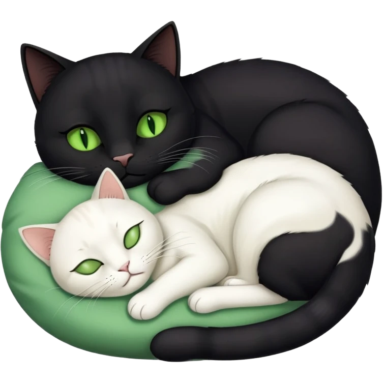 Big black cat with green eyes is sleeping with a small white cat emoji