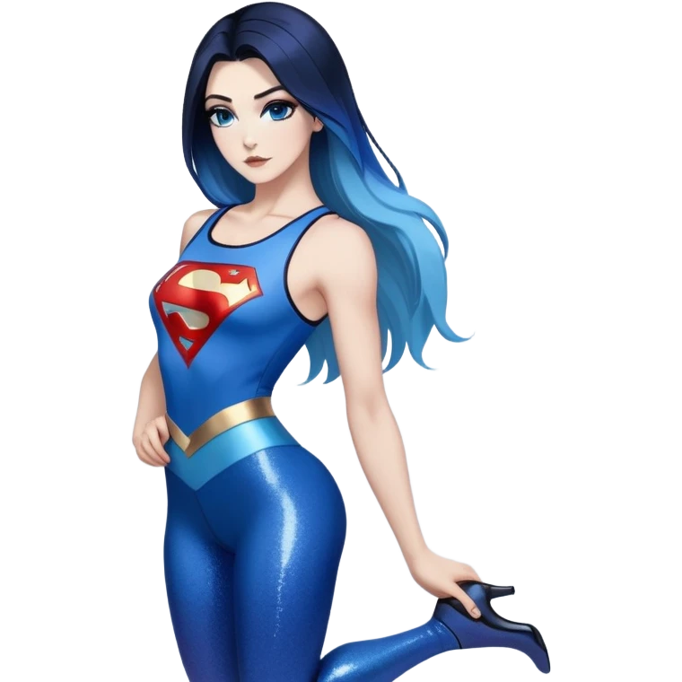 long legs-very very very large upper body-sexy face-bending forward at waist-very long very straight dark blue to light blue ombre hair-and-blue eyes-thick black eyeliner-thick long eyelashes-iridescent blue lowcut tanktop with black leggings with glitter superman logo emoji