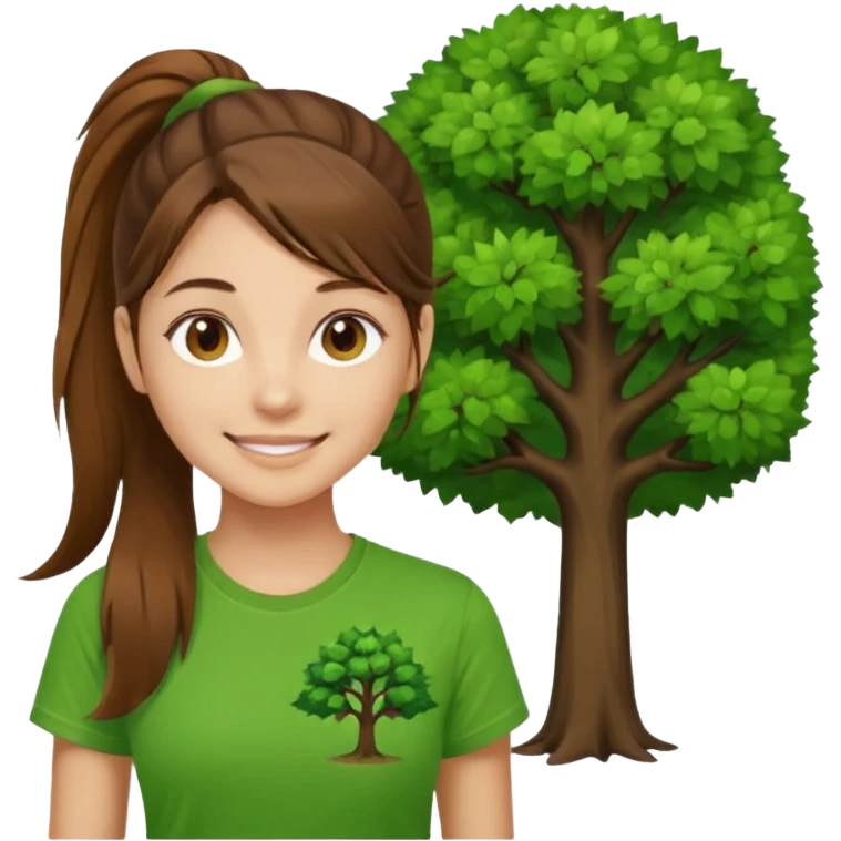 Make a zumba coach emoji, brown eyes, brown hair girl, long ponytail,green t shirt with a tree logo on It emoji