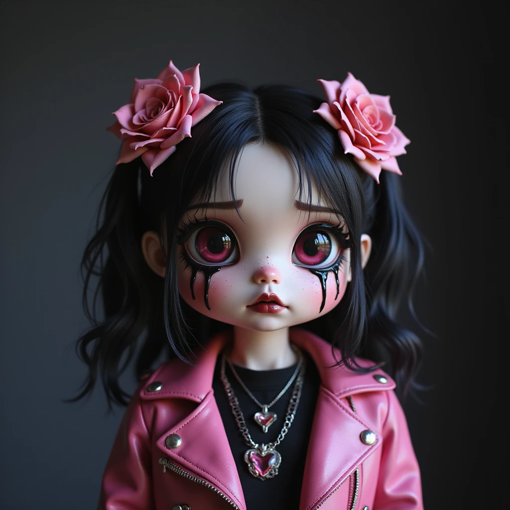 BLACKPINK inspired goth emoji, photorealistic style, black roses, dark tears, haunting look, deep shadows, pink leather jacket emoji