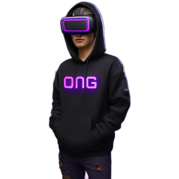 Alekséi Vorobiov wearing a black hoodie with "OMG" letters on it and VR headset in a cyberpunk VR environment with violet neon lighting. emoji