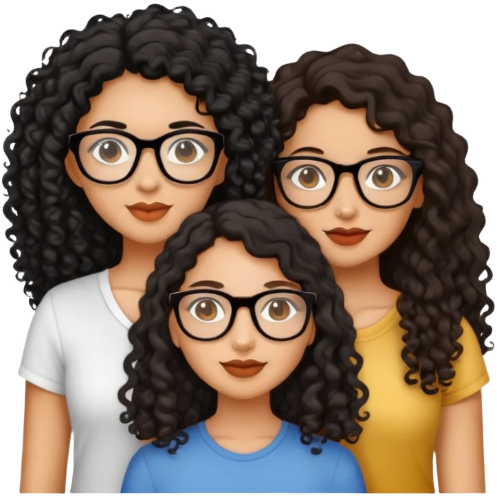 3 female friends, tan black curly hair glasses, the other ones brunette long hair and light skin emoji