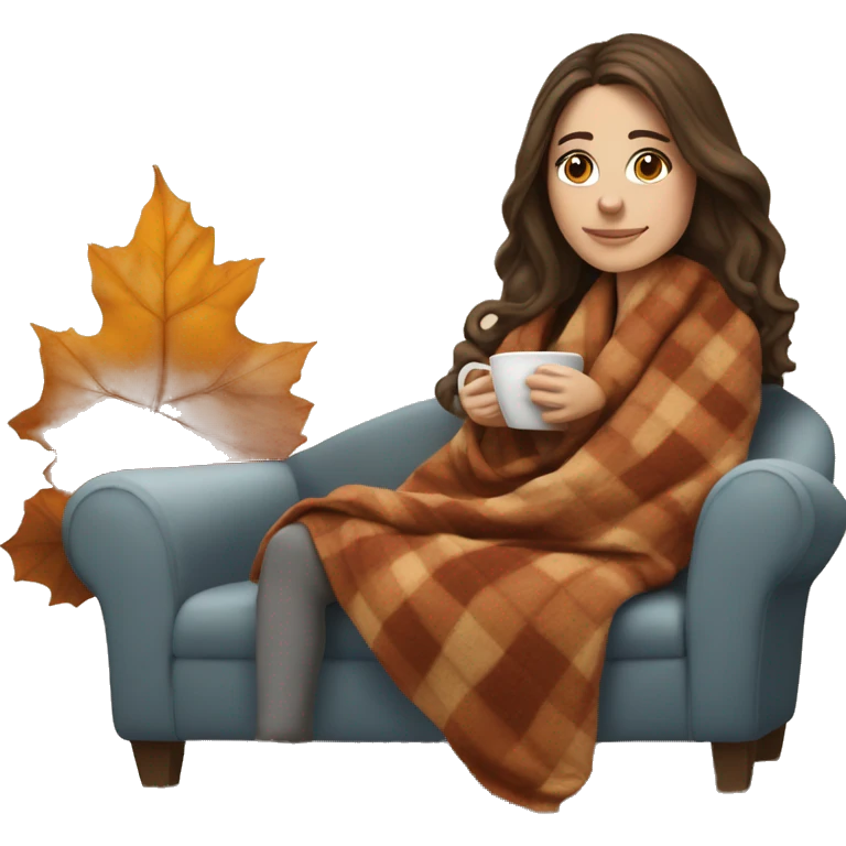 Brunette white girl covered in blanket autumn vibe sitting on a cozy chair holding coffee emoji