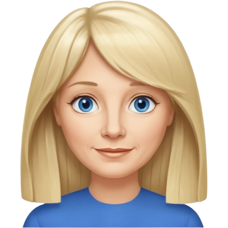 50 yr old white woman, curtain bangs, very long straight blond hair, oval face, small smile, blue eyes, thin face, hair downback, middle part round cheeks, pale, longer hair emoji