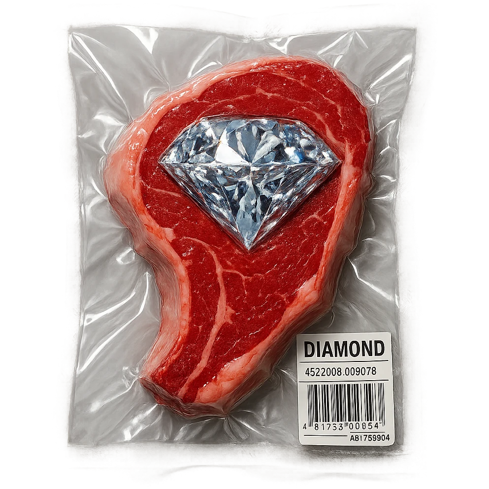 meat steak with sparkling diamond facets, glossy and puffy, vacuum-sealed style emoji