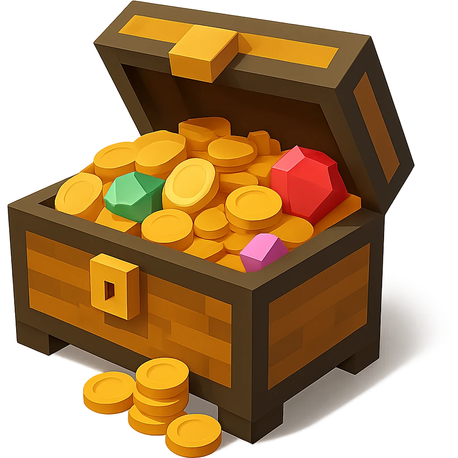 A pirate treasure chest with gold coins and gems, minimalist 3D blocks design emoji