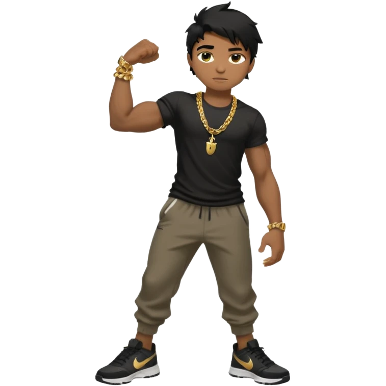 full side body close up view of muscular 13yo boy with veiny hands arms and biceps. has messy black hair with dark-tan skintone with black tshirt. has gold chain and nike shoes with baggy pants emoji