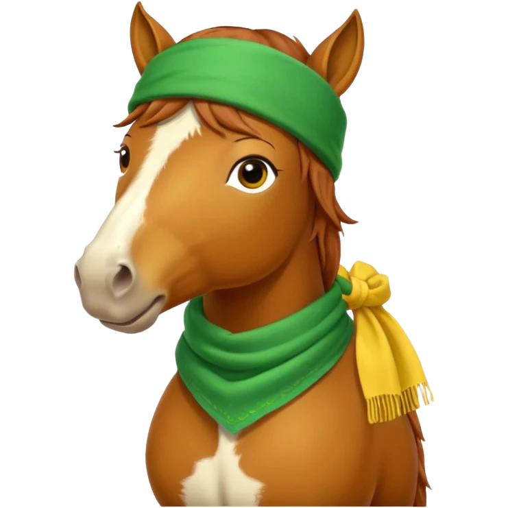 a fabulous funny winter horse in a green bandana hat with a yellow scarf emoji