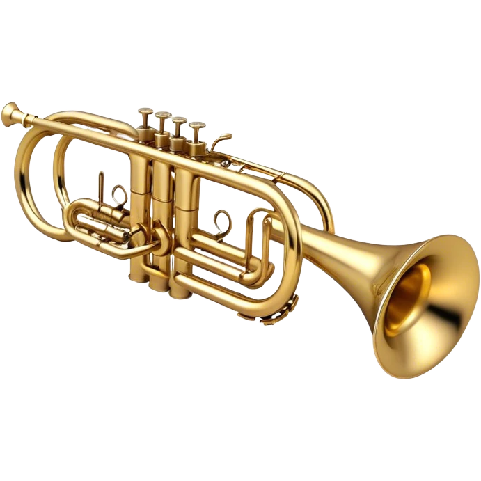 Create a sleek and professional emoji representing a Stomvi trumpet. The design should showcase the shiny, polished brass body of the trumpet with its distinct bell, valves, and tuning slides. Highlight the intricate keywork and the valve pistons, with detailed metallic accents and subtle reflections on the surface. The mouthpiece should be visible at the top of the instrument. Use golden and brass tones with light reflections to emphasize the smooth, high-quality finish. Add a few musical notes floating around the trumpet to evoke its bright and resonant sound. The background should be transparent. emoji