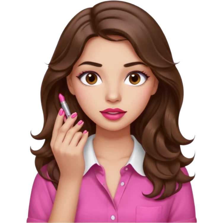 girl with long wavy brown hair, brown eyes, light to medium complexion, in a pink shirt, pink lips, long lashes, puckered lips, showing off painting long nails emoji