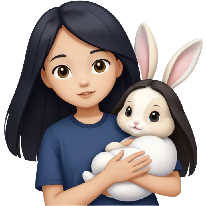 smiling with mouth closed, a young teenage girl with light tan skin, long black really-straight hair, brown eyes, navy colored oversized short-sleeved shirt and holding one white baby bunny wearing  emoji