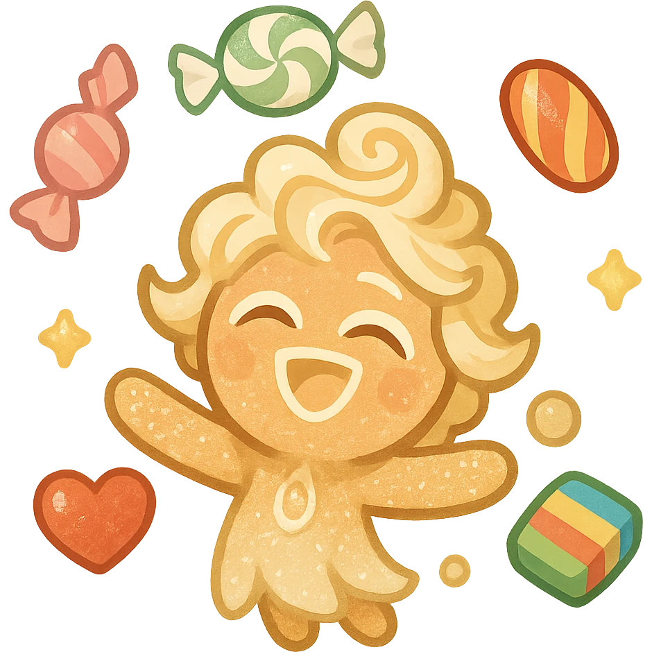 Eternal Sugar, Cookie Run Kingdom, surrounded by floating candies, joyful expression emoji