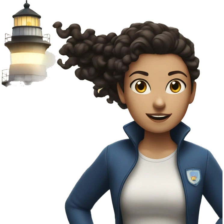 White woman with blue eyes and dark curly hair in a ponytail running with a lighthouse in front of her emoji