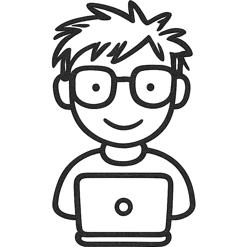 computer nerd icon, thick glasses, messy hair, playful, hand-drawn black outline style emoji