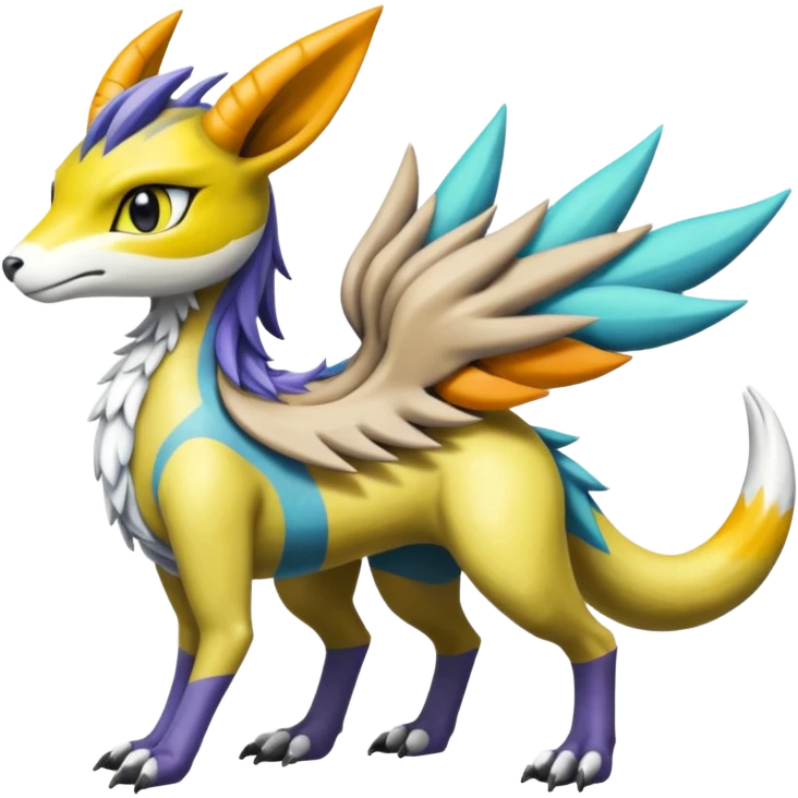 Colorful Meloetta-Bolthund-Renamon-Wargreymon-Sergal-Pokémon-Digimon-Fakémon-fusion-hybrid-creature emoji