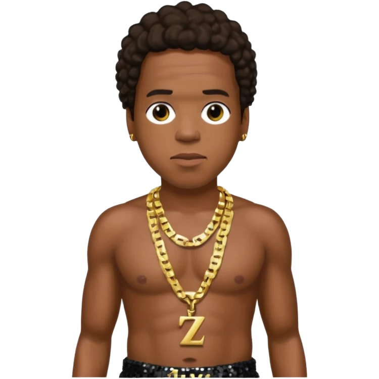 Jay-Z with dark brown hair, black sequin baggy pants, shirtless with necklace emoji