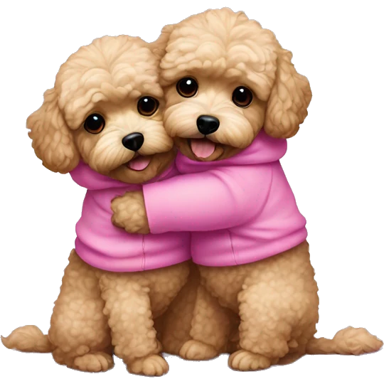 2 dark maltipoo dogs hugging, one wearing a pink sweatshirt and the other wearing a blue one emoji