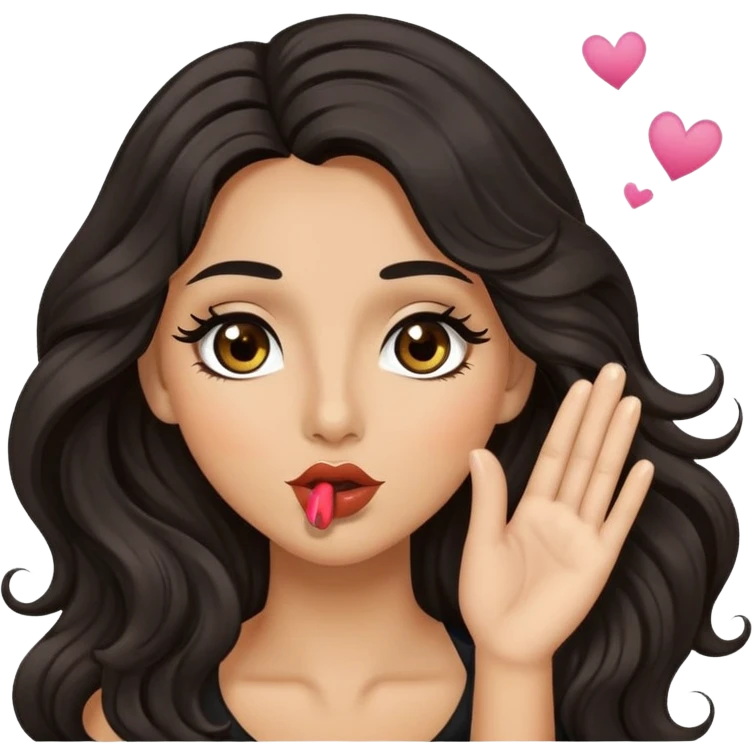 woman with olive skin, brown eyes and long lashes, and long black wavy hair blowing a kiss emoji