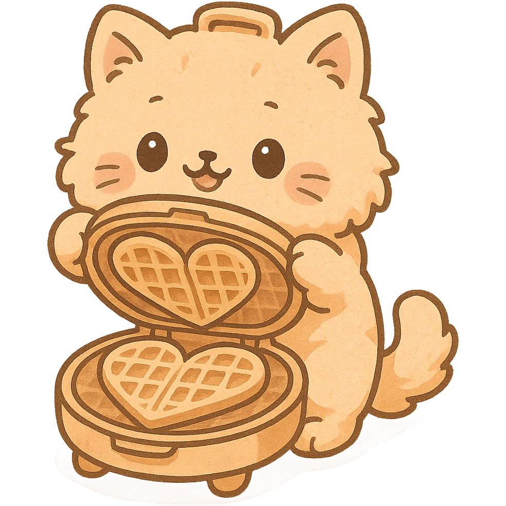 chibi style soft fluffy cat as a waffle maker, showing heart-shaped waffles, pastel orange, full-body emoji