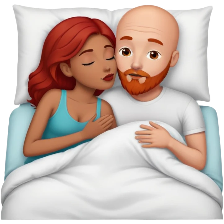 White Bald man with red beard; Hispanic woman with dark brown hair kissing in bed emoji