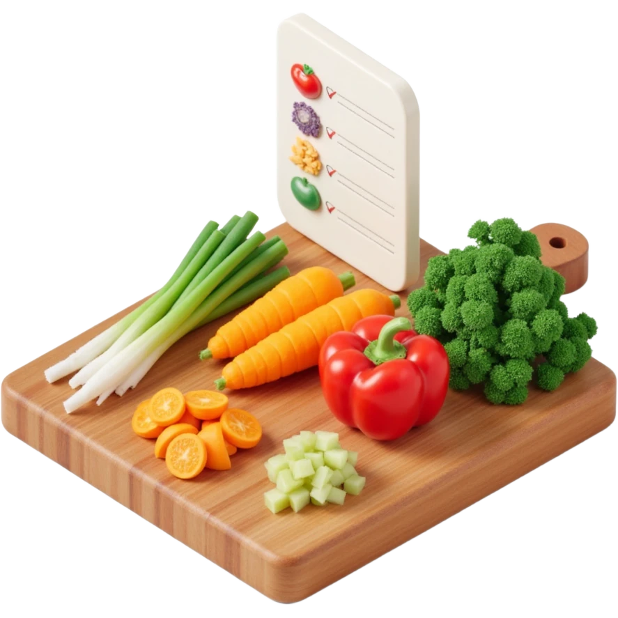 Ingredients on teh wooden cutting board with floating list with check box emoji