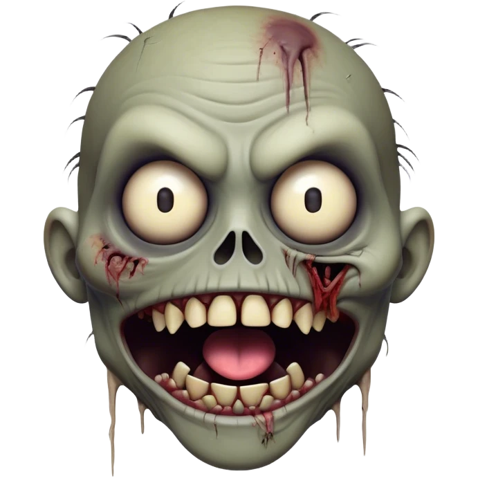 Cinematic Comical Zombie Portrait Emoji, with a grotesquely exaggerated yet playful decaying face in muted ashen tones, head cocked in a dramatically shocked expression with wildly comical, googly eyes and a gaping, silly grin revealing quirky stitches, simplified yet hilariously expressive, highly detailed with a soft eerie glowing outline capturing the absurd humor of a zombie in comic disbelief! emoji
