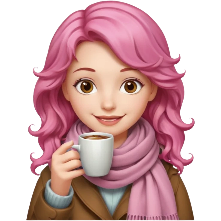 a girl with pink wavy hair, having scarf,  drink coffee, enjoy emoji