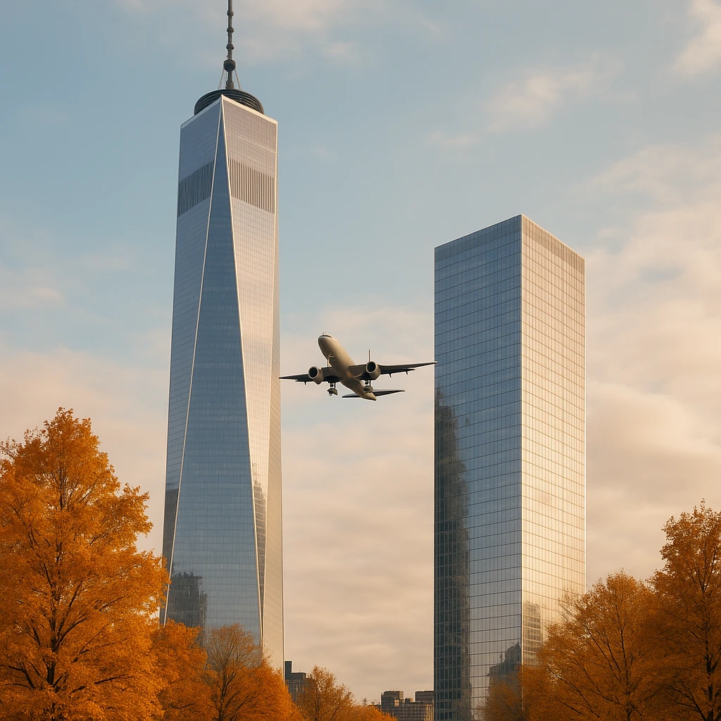 two skyscrapers and a plane that flyes to them, realism style, autumn emoji
