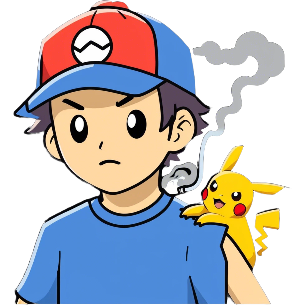21 yo Handsome Ash Ketchum using a bong with picachu breathing out smoke emoji