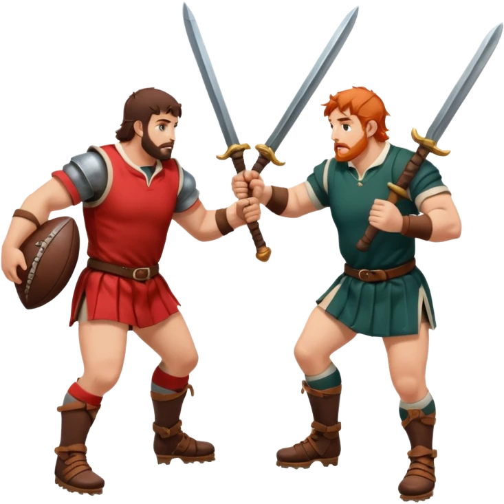 Batalla medieval protagonizada por jugadores y jugadoras de rugby con botas de rugby agarrando armamento y balones emoji