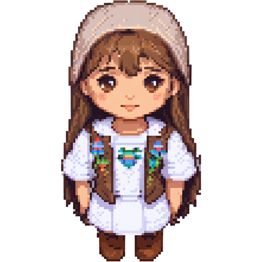 happy girl with medium straight brown hair, light skin tone, pixel art style emoji