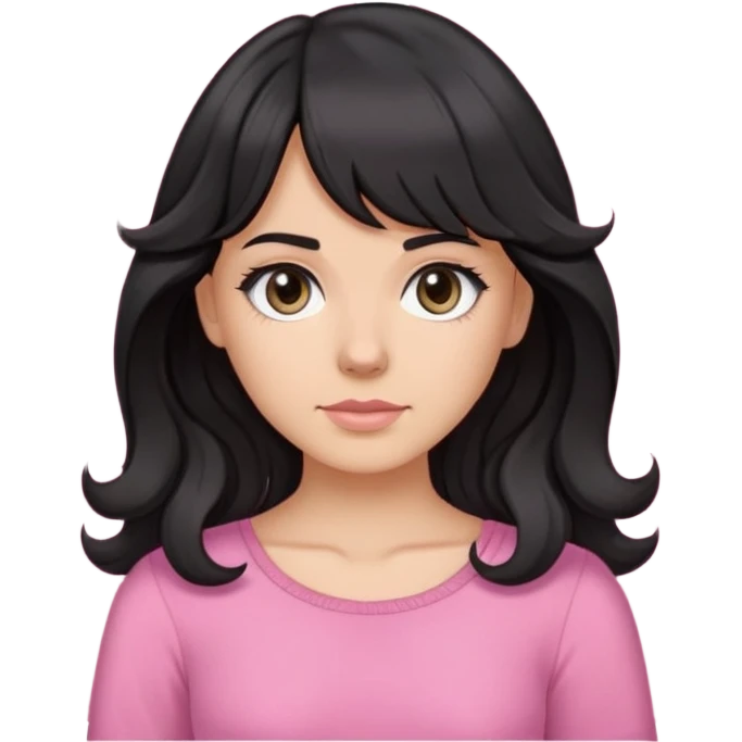White girl with chest length black wavy hair with curtain bangs, gray eyes, wearing a pink top emoji