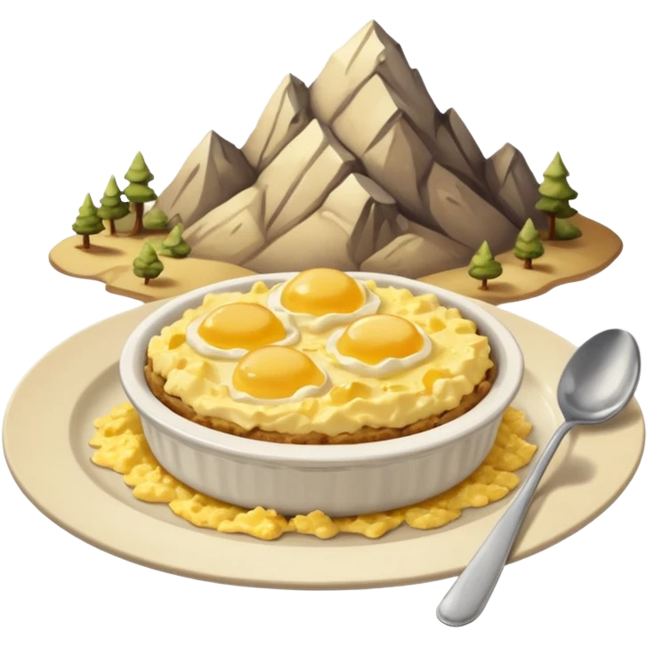 a deep dish plate with a yellowish food in it,  in a bit of small small lumps and very dry, small mountain. with a bit of applesauce on top on the side and a spoon sticking out emoji