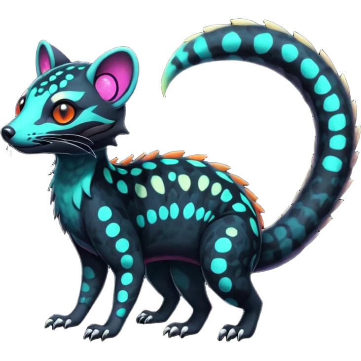 Rare warm-colored exotic edgy epic aesthetic spooky dark modern colorful cyber-Genet-Trico-Salandit-Civet-species-Fakemon-hybrid-creature, with beautiful intricate markings, full body emoji