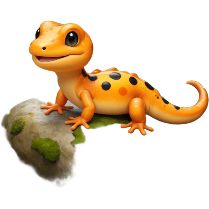 A 3D cartoon salamander on a mossy rock, orange and black spots, smooth shiny skin, small smiling face, soft realistic lighting, Memoji-style look. emoji