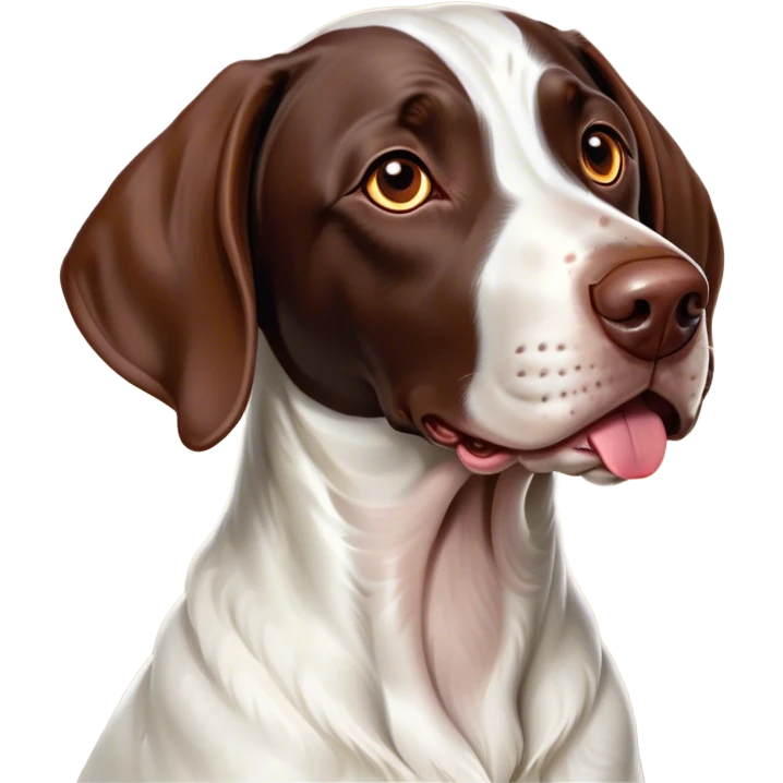 Cinematic Comical German Pointer Portrait Emoji, Head tilted dramatically with an exaggeratedly amused expression, featuring a striking liver and white coat with bold markings, wide, expressive brown eyes filled with playful disbelief, Simplified yet hilariously expressive features, highly detailed, glowing with a slightly sassy glow, high shine, dramatic yet playful, stylized with an air of cheeky charm, bright and endearing, soft glowing outline, capturing the essence of a spirited and over-the-top companion, so meme-worthy it feels like it could side-eye its way into internet fame instantly! emoji