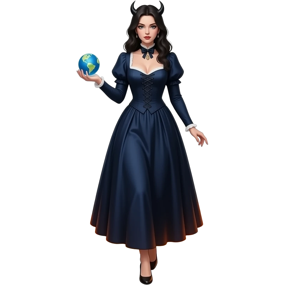 a seductive evil beautiful woman in a long dark blue dirty Victorian dress with a deep neckline carries a small globe in her palm that radiates and steps out of a circle of fire emoji