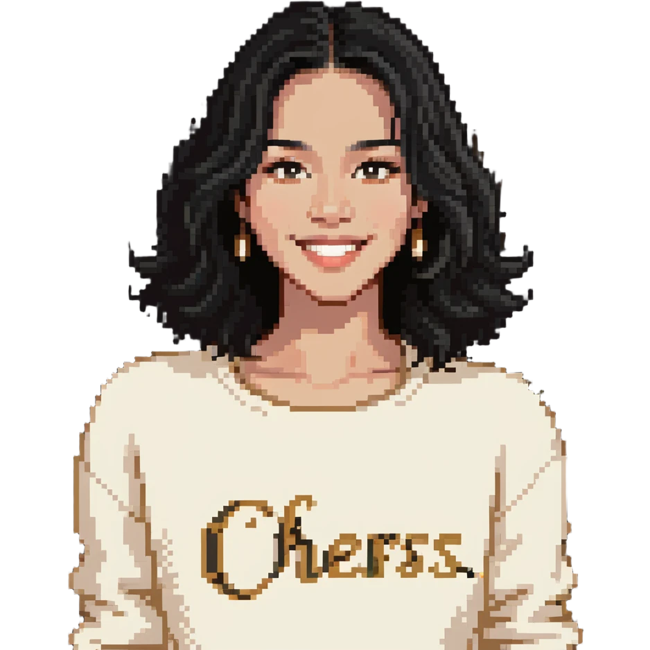 A woman with shoulder-length black hair, light to medium skin tone, full cheeks, and almond-shaped eyes, wearing a white sweater with the word 'cheers' in gold script, lying comfortably on a bed with soft lighting, joyful and radiant expression emoji