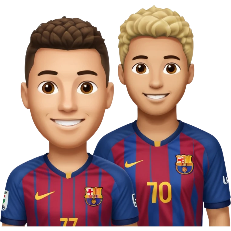 Prime noodle hair ronaldo and prime 2012 messi Smiling in one Photo and make it realistic Ronaldo wearing Number 7 With Madrid and Messi wearing number 10 with barca  emoji