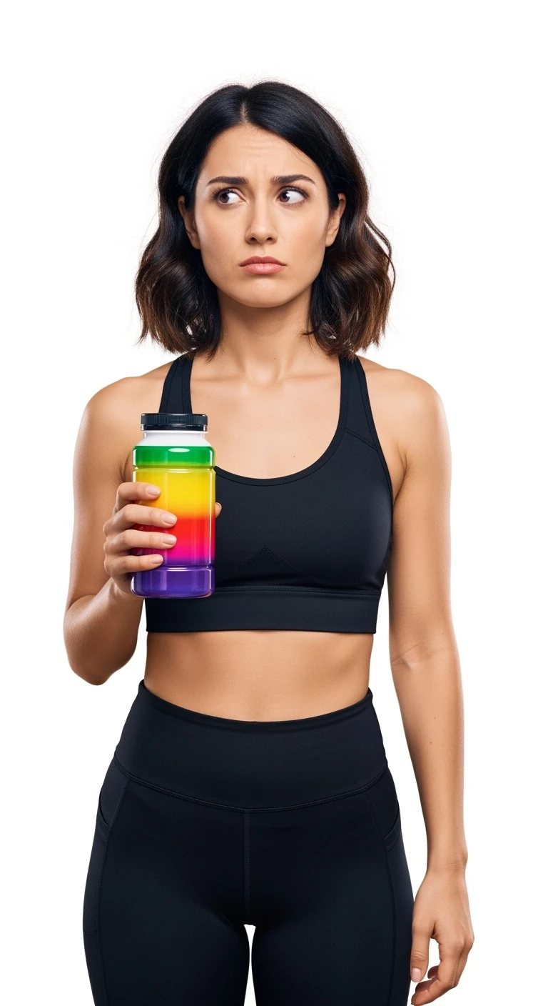 DONNA FITNESS ITALIANA CON BOCCETTA DI INTEGRATORE IN MANO ED ESPRESSIONE DUBBIOSA IN VOLTO, REALISTICA 4K, ISOLATA SU SFONDO BIANCO emoji